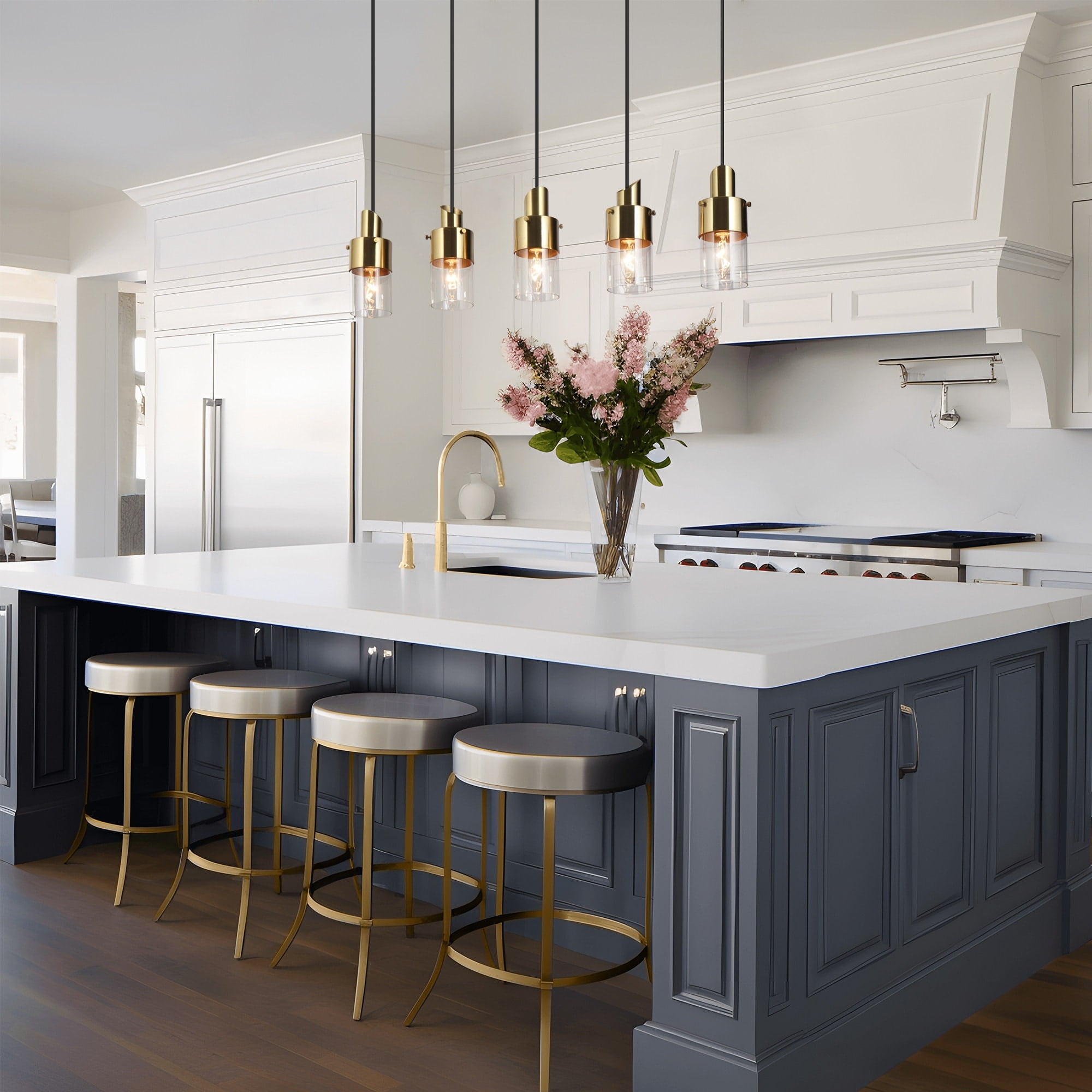 Hartwin Modern 3/5Light Black Gold Chandelier Cylinder Glass Pendant Lights for Kitchen Island