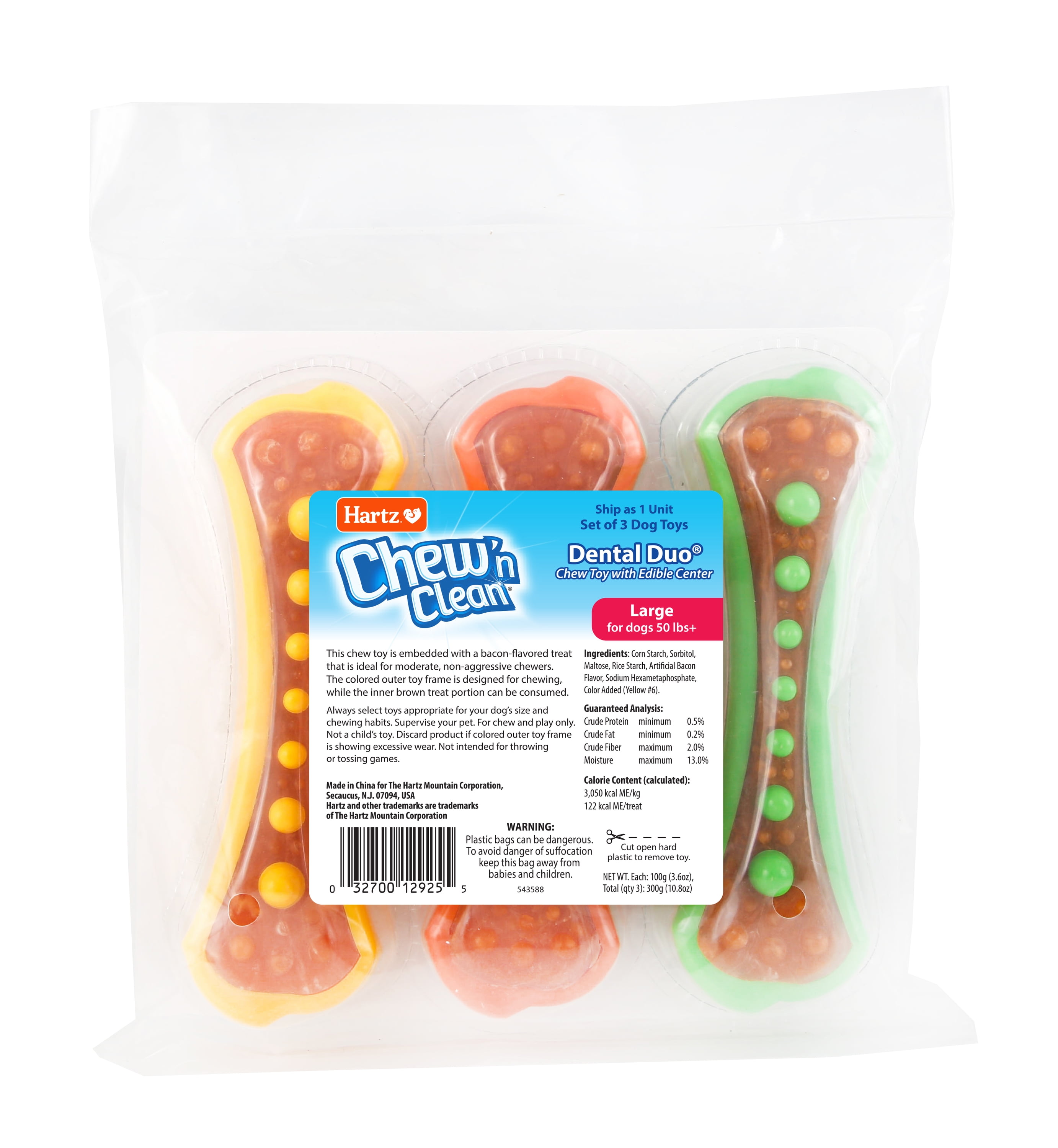 Hartz Chew 'n Clean Dental Duo Dog Treat & Chew Toy, Bacon Flavored, Color Varies, Large, 3 Pack