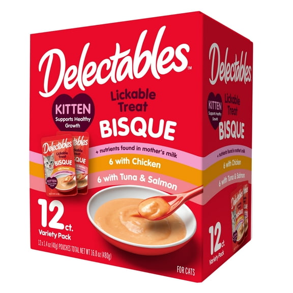 Hartz Delectables Bisque for Kittens, Complete & Balanced Lickable Wet Cat Treat, Variety Pack, 12 Count