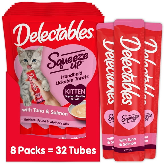 Hartz Delectables Squeeze Up for Kittens, Complete & Balanced Lickable Wet Cat Treat, Tuna & Salmon, 32ct