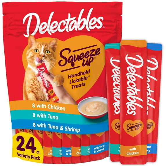 Delectables Squeeze Up Cat Treat, 24ct Variety Pack with Chicken, Tuna & Shrimp, 24 tubes of .5oz