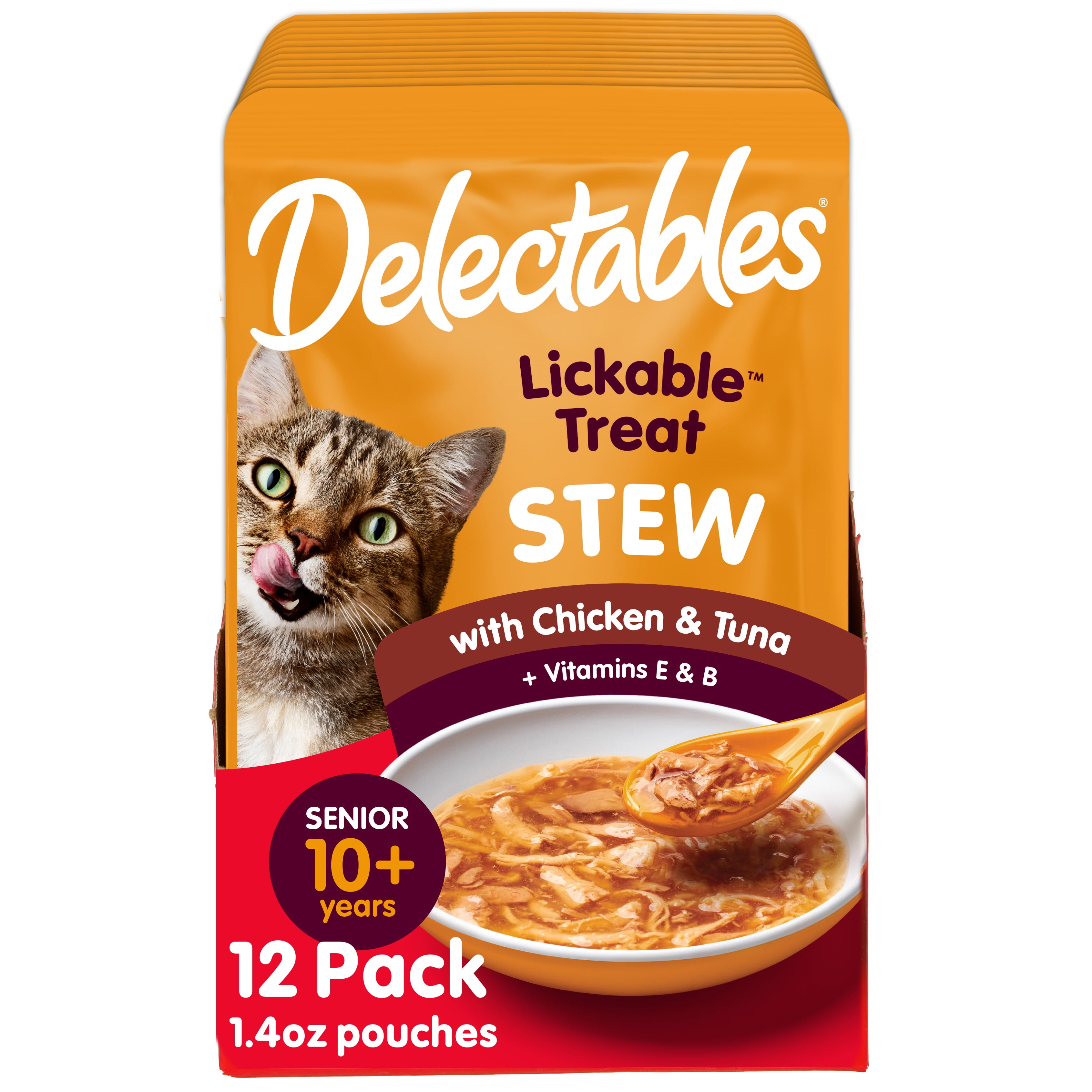 Hartz Delectables Stew Senior 10+ Chicken & Tuna Lickable Wet Cat Treat, 1.4oz Pouch (12 Pack)