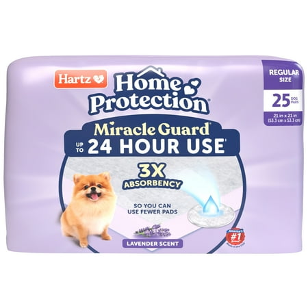 Hartz Miracle Guard Dog and Puppy Pads Max Absorbency 24 Hour Use Odor Eliminating Lavender Scented No Leaks, Regular, 25 Count