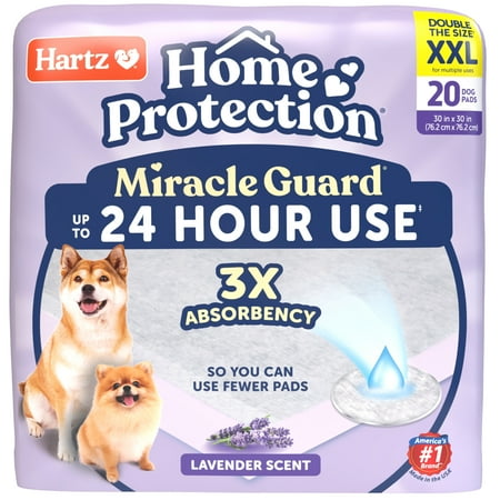 Hartz Miracle Guard Dog and Puppy Pads Max Absorbency 24 Hour Use Odor Eliminating Lavender Scented No Leaks, XXL 20 Count