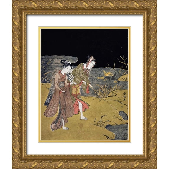 Harunobu, Suzuki 12x14 Gold Ornate Wood Framed with Double Matting Museum Art Print Titled - A Young Couple Catching Fireflies at Night On The Banks of a River