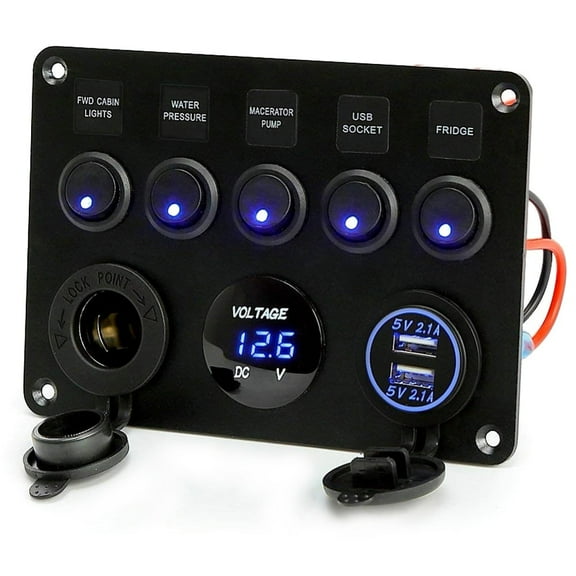 Fyjucpa Car Boat 5 Gang ON-OFF Toggle Switch Panel 2USB 12V Fit Marine RV Truck Camper