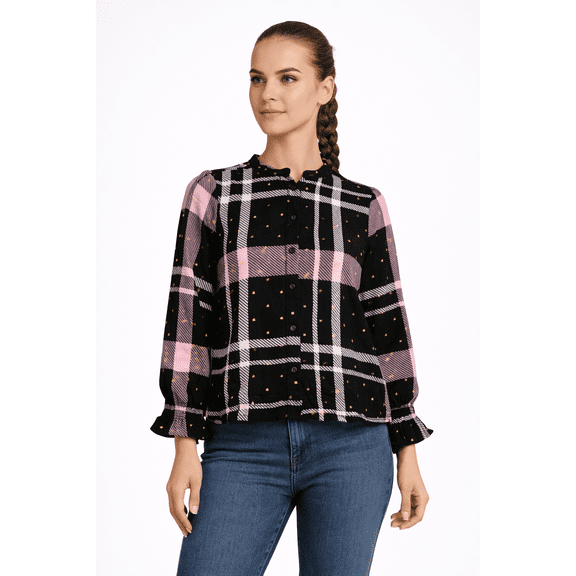 Harve Benard Womens Plaid Button Down Blouse Black Pink Size XL