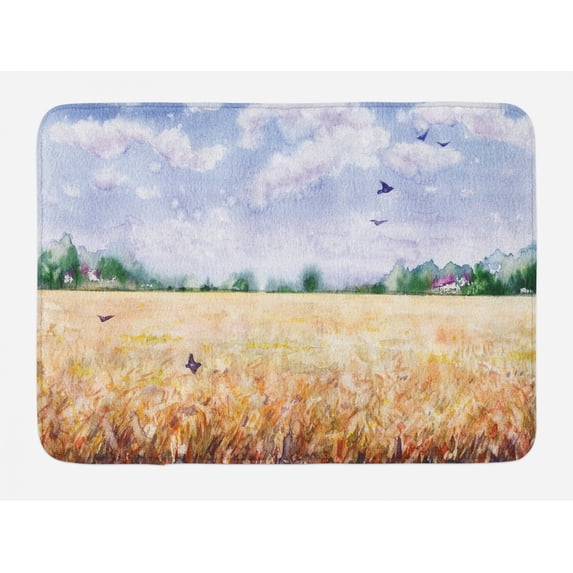 Harvest Bath Mat, Watercolor Style Rural Theme Illustration with Wheat Fields, Plush Bathroom Decor Mat with Non Slip Backing, 29.5" X 17.5", Pale Ceil Blue and Multicolor, by Ambesonne