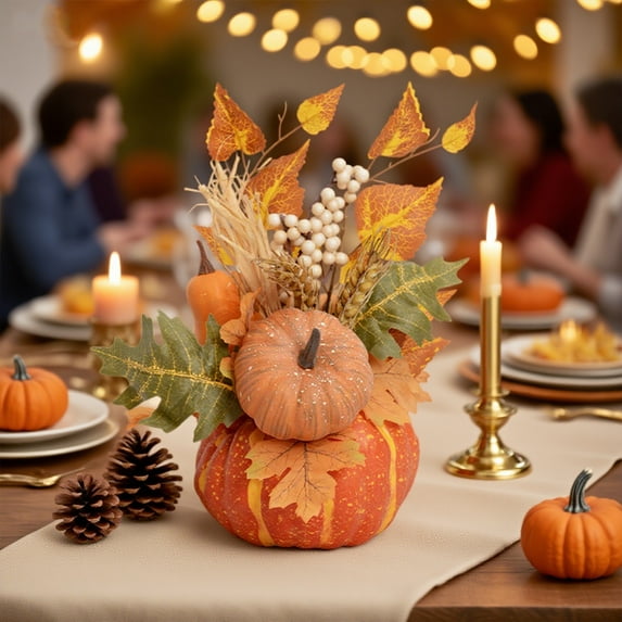 Harvest Berry Pumpkin Decor - Plastic Farmhouse Centerpiece Fall Tabletop Decoration Thanksgiving Mantle Accent Seasonal Display(A)