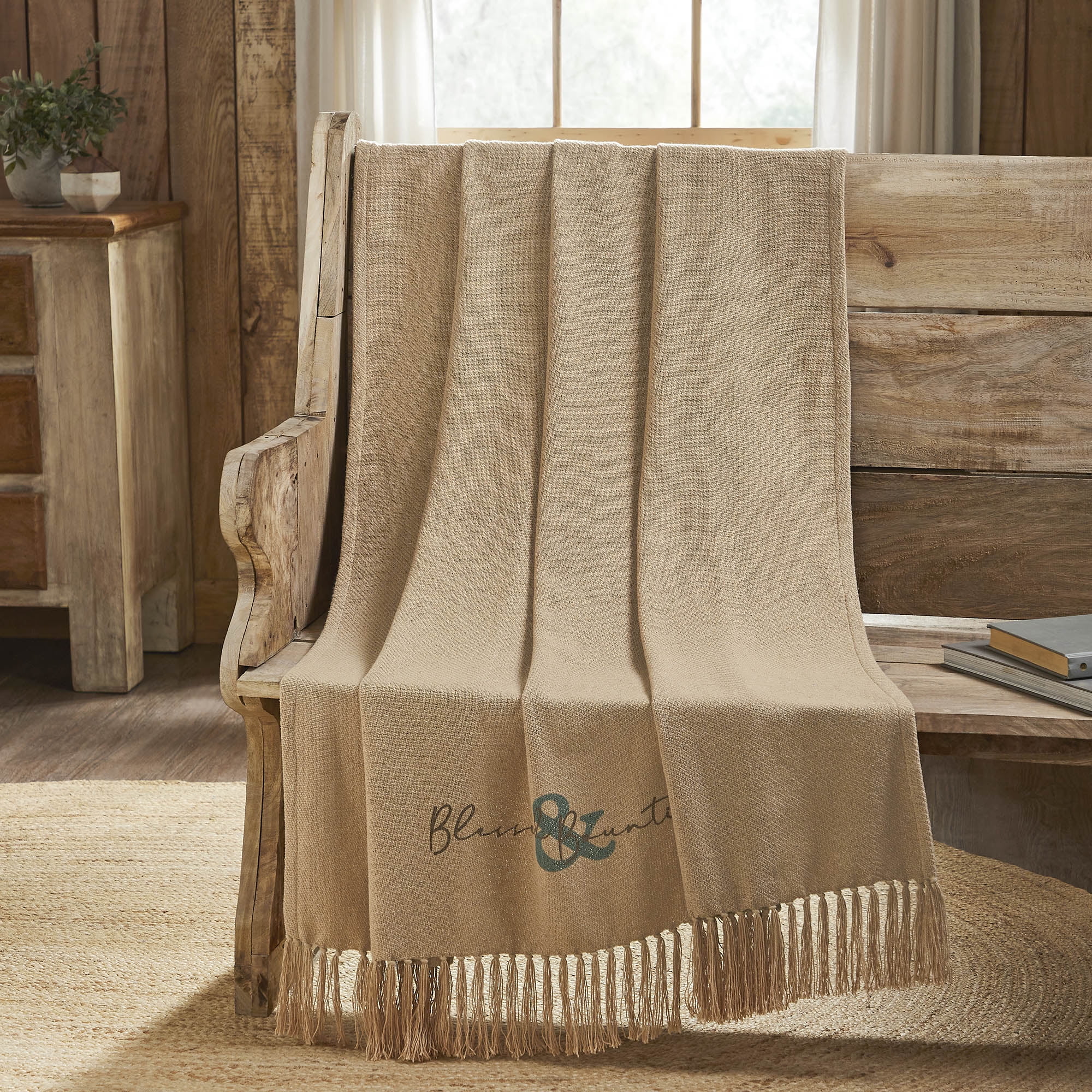 Blessed & Bountiful Tan Cotton Fringed Throw Blanket 50x60