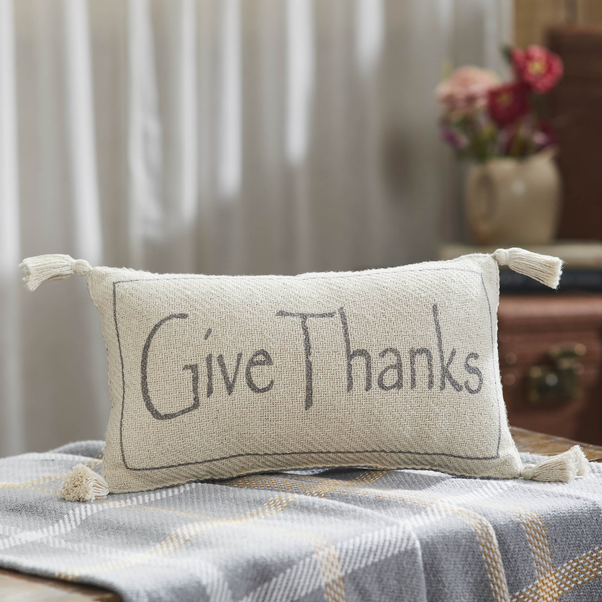 Harvest Blessings Cream and Gray Woven Pillow 7x13
