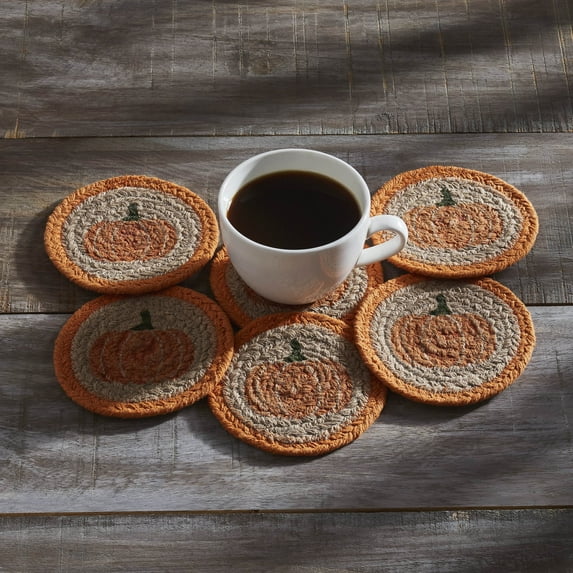 VHC Brands Harvest Blessings Natural Stencil Pumpkin Jute Coaster Set of 6, Decorative Fall Coasters, Table Decor for Fall Thanksgiving and Halloween