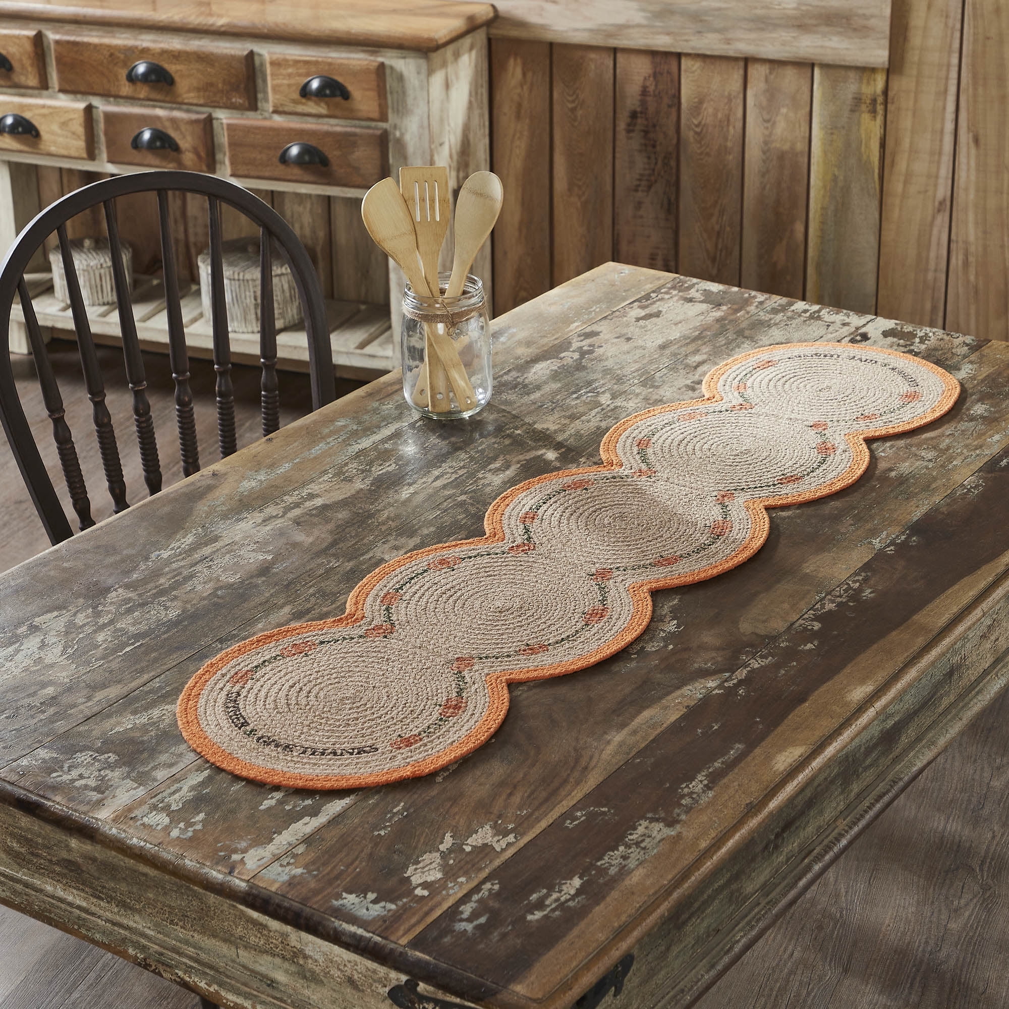Harvest Blessings Natural Stencil Pumpkin Cotton Table Runner 12x48