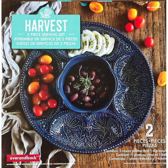 Harvest Ceramic 2-Piece Dip, Chip and Snack Serving Set (Blue)