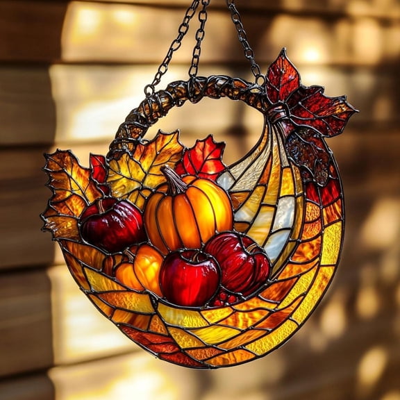 Harvest Cornucopia Acrylic Suncatcher Pumpkin & Apples Faux Stained Glass Suncatcher Acrylic Window Hanging Gift For Fall Decor