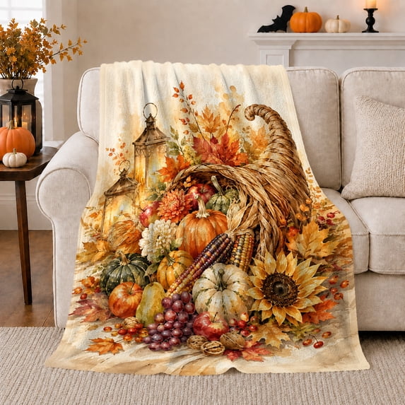 Harvest Cornucopia, Cozy Festive Scene, Warm Flannel Blanket for Living Room and Family Room with Detailed Artwork, Garden Lovers Thanksgiving Gift, Festive Home Decor