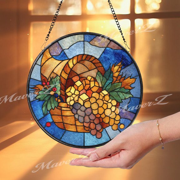 Harvest Cornucopia Glass Suncatcher, Round Fall Basket Window Panel With Grapes And Leaves, Autumn Thanksgiving Decor, Suncatcher Window Hanging, 7.9 in