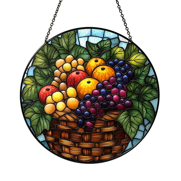 Harvest Cornucopia Stained Glass Suncatcher, Round Fall Basket Window Panel with Grapes and Leaves, Autumn Seasonal Home Decor Gift