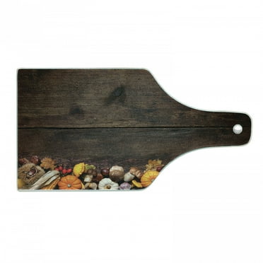 Harvest Cutting Board, Harvest Food on Dark Colored Wooden Table Autumn Vegetables Corn Pumpkin, Tempered Glass Cutting and Serving Board, Wine Bottle Shape, Brown Orange White, by Ambesonne
