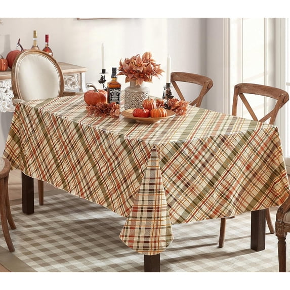 Harvest Diagonal Plaid Fall Thanksgiving Vinyl Flannel Backed Tablecloth, Autumn Green, Rust and Brown Plaid Wipe Clean Easy Care Fall Tablecloth, 52" x 52" Square