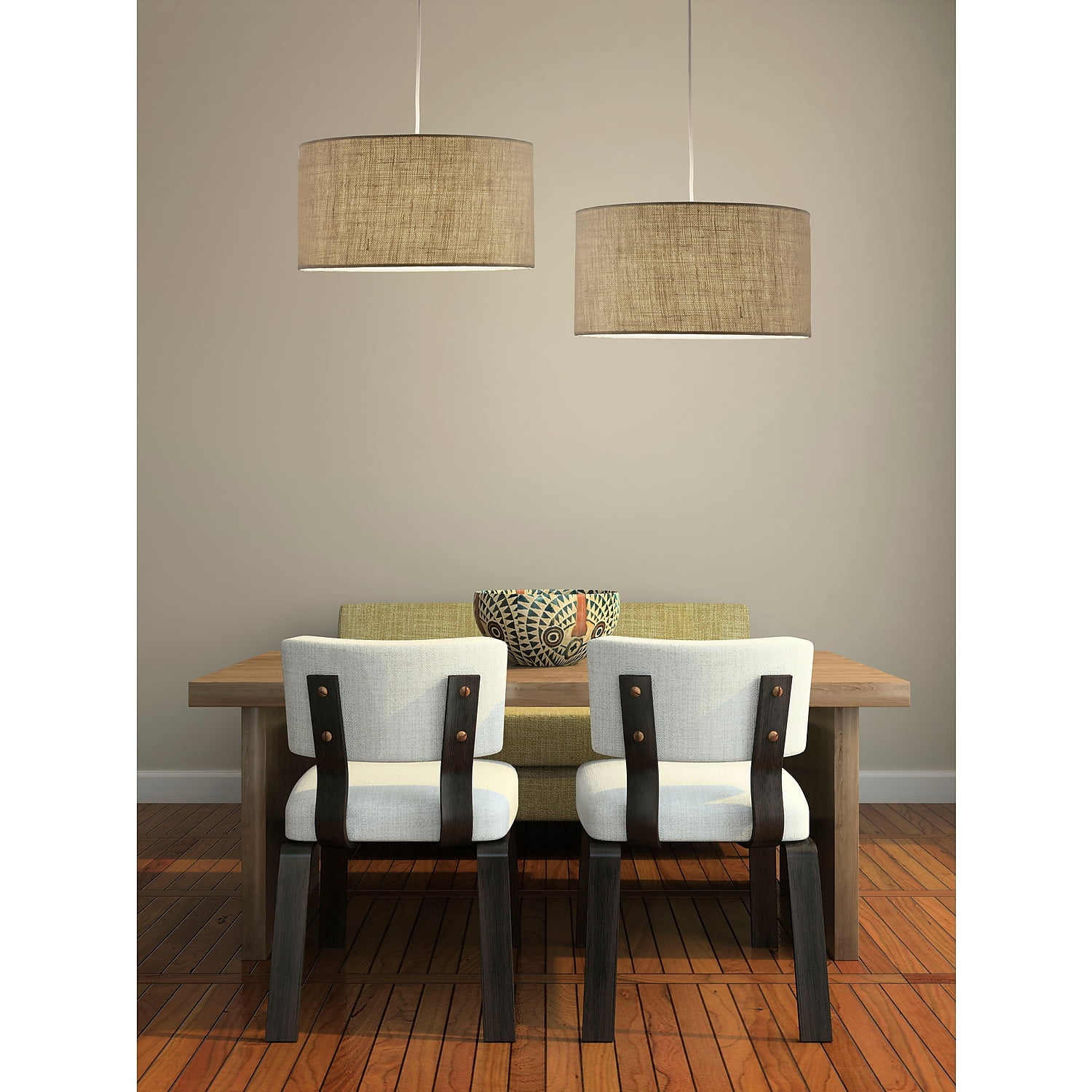 Natural Burlap Drum Pendant Light with 15-ft Cord