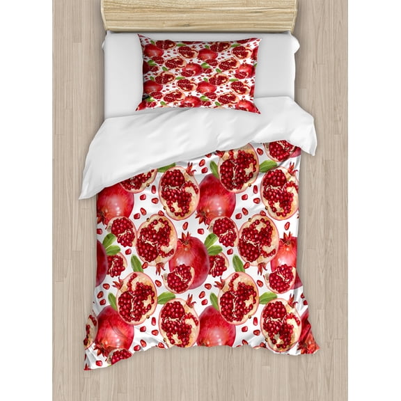 Harvest Duvet Cover Set, Exotic Tropical Pattern Complete and Peeled Pomegranates Image with Leaves, Decorative 2 Piece Bedding Set with 1 Pillow Shams, Twin Size, White and Vermilion, by Ambesonne