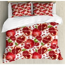 Harvest Duvet Cover Set, Exotic Tropical Pattern Complete and Peeled Pomegranates Image with Leaves, Decorative 3 Piece Bedding Set with 2 Pillow Shams, Calking Size, White and Vermilion, by Ambesonne