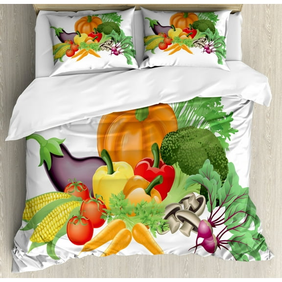 Harvest Duvet Cover Set King Size, Cartoon Drawing Style Fall Harvest Yield Fresh and Tasty Vegetables Bell Peppers, Decorative 3 Piece Bedding Set with 2 Pillow Shams, Multicolor, by Ambesonne