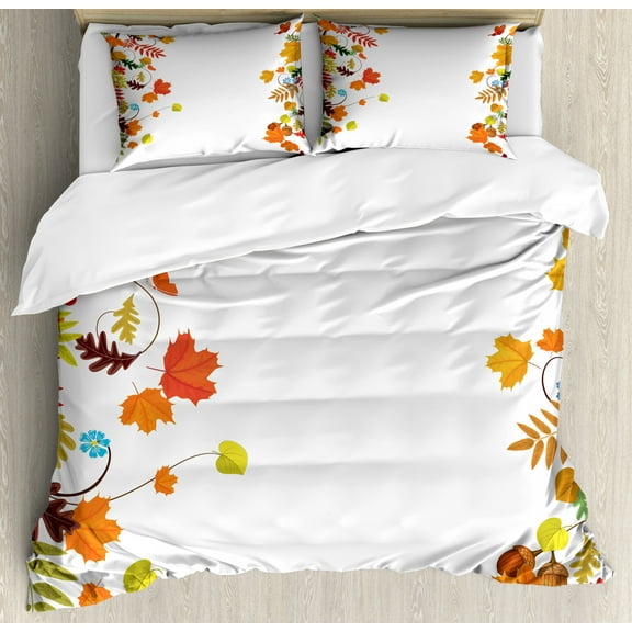 Harvest Duvet Cover Set King Size, Colorful Seasonal Maple Aspen Leaves Frame Fall Foliage Environment Nuts Butterfly, Decorative 3 Piece Bedding Set with 2 Pillow Shams, Multicolor, by Ambesonne
