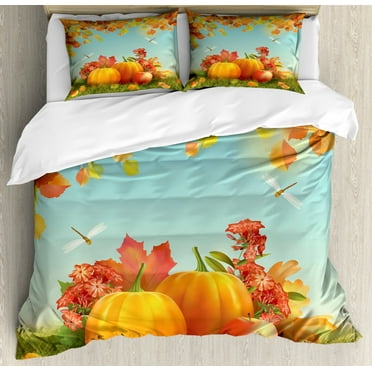 Harvest Duvet Cover Set King Size, Fall Season Yield Thanksgiving Image Fallen Leaves Branches Pumpkins, Decorative 3 Piece Bedding Set with 2 Pillow Shams, Orange Vermilion Green, by Ambesonne