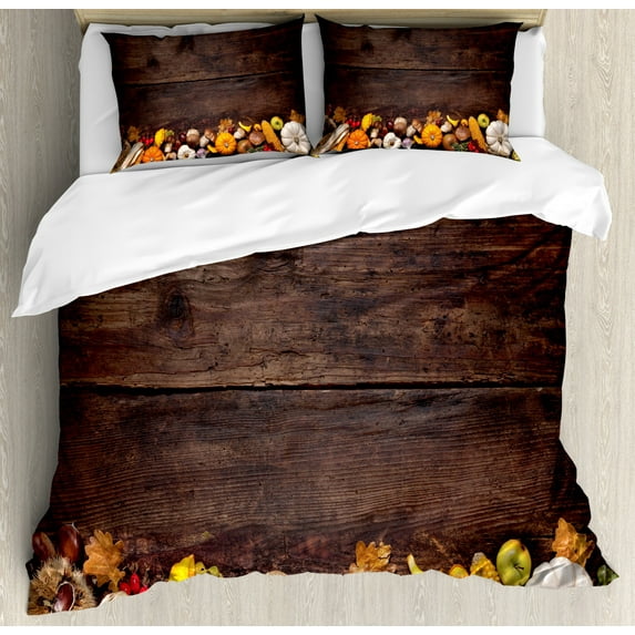 Harvest Duvet Cover Set King Size, Harvest Food on Dark Colored Wooden Table Autumn Vegetables Corn Pumpkin, Decorative 3 Piece Bedding Set with 2 Pillow Shams, Brown Orange White, by Ambesonne