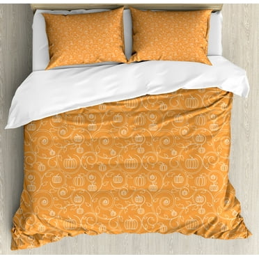 Harvest Duvet Cover Set King Size, Pattern with Pumpkin Leaves and Swirls on Orange Backdrop Halloween Inspired, Decorative 3 Piece Bedding Set with 2 Pillow Shams, Orange White, by Ambesonne