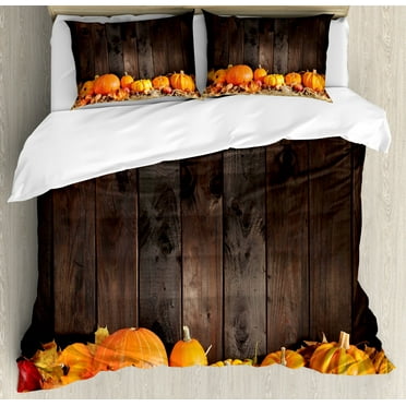 Harvest Duvet Cover Set King Size, Thanksgiving Themed Pumpkins Many Shapes and Sizes in Hay Wooden Board Background, Decorative 3 Piece Bedding Set with 2 Pillow Shams, Brown Orange, by Ambesonne