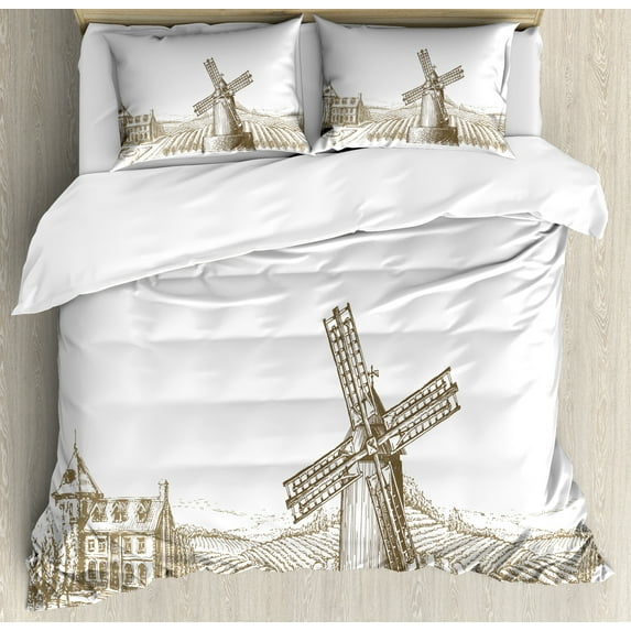 Harvest Duvet Cover Set, Old Windmill Illustration in Vintage Style Art and Village House with Garden, Decorative 3 Piece Bedding Set with 2 Pillow Shams, King Size, White and Sepia, by Ambesonne