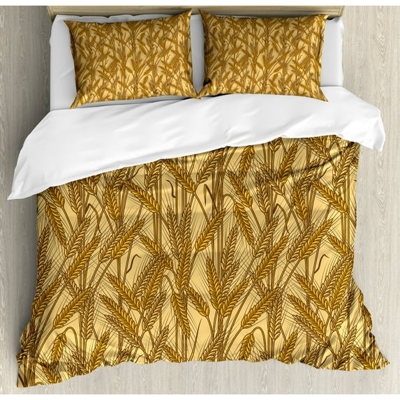 Harvest Duvet Cover Set Queen Size, Cereal Ears Rural Wheat Rye Field Pattern Agriculture Farmland Country Life, Decorative 3 Piece Bedding Set with 2 Pillow Shams, Mustard Yellow, by Ambesonne