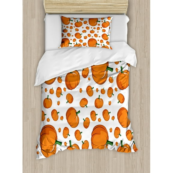 Harvest Duvet Cover Set Twin Size, Halloween Inspired Pattern Vivid Cartoon Style Plump Pumpkins Vegetable, Decorative 2 Piece Bedding Set with 1 Pillow Sham, Orange Green White, by Ambesonne
