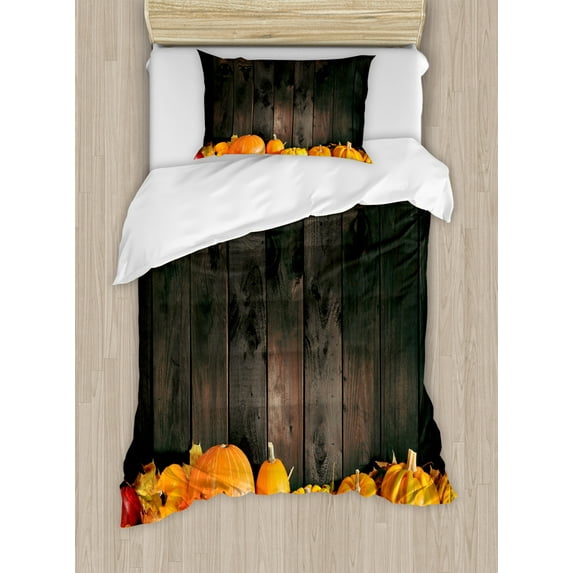 Harvest Duvet Cover Set Twin Size, Thanksgiving Themed Pumpkins Many Shapes and Sizes in Hay Wooden Board Background, Decorative 2 Piece Bedding Set with 1 Pillow Sham, Brown Orange, by Ambesonne