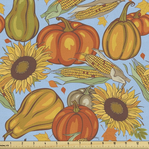 Harvest Fabric by the Yard, Agriculture Theme Vegetable Pattern Corns Pumpkins and Sunflowers, Decorative Upholstery Fabric for Sofas and Home Accents, 3 Yards, Orange Yellow Pale Blue by Ambesonne
