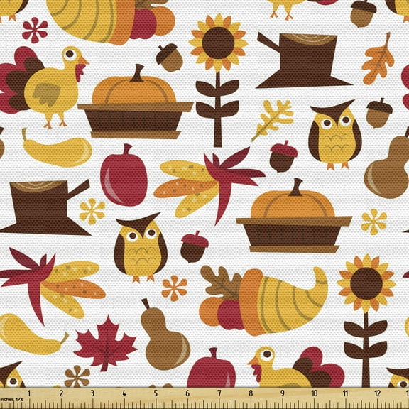 Ambesonne Harvest Fabric by the Yard Upholstery, Fall Nuts Owls Composition, 10 Yards, Orange Red Brown