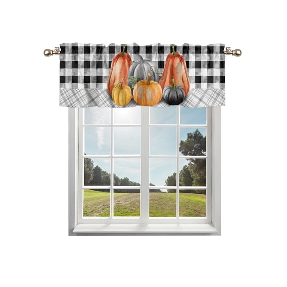 Harvest Fall Pumpkins, Kitchen Curtain Valances for Windows Farmhouse Short Curtains, Fall Thanksgiving Plaid Lattice Black Grey Rod Pocket Valance Curtain for Bedroom Cafe Living Room 54"x18"