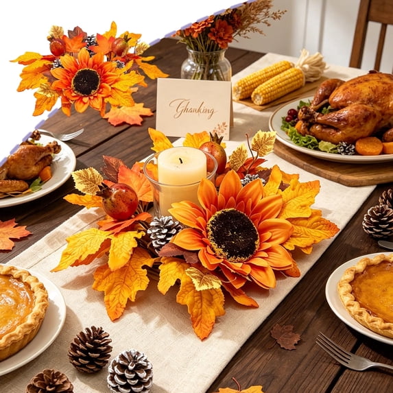 Harvest Festival Maple Leaf Sunflower Candlestick Wreath, Artificial Floral Candle Ring, Simulated Flower Decor for Halloween Thanksgiving Terrace Table Patio Holiday Decoration
