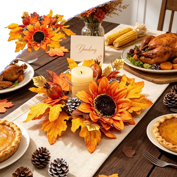 Harvest Festival Maple Leaf Sunflower Candlestick Wreath, Artificial Floral Candle Ring, Simulated Flower Decor for Halloween Thanksgiving Terrace Table Patio Holiday Decoration