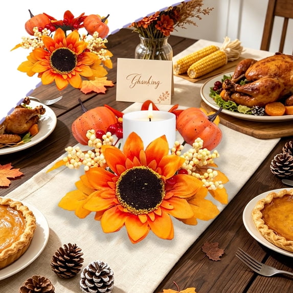 Harvest Festival Maple Leaf Sunflower Candlestick Wreath, Artificial Floral Candle Ring, Simulated Flower Decor for Halloween Thanksgiving Terrace Table Patio Holiday Decoration