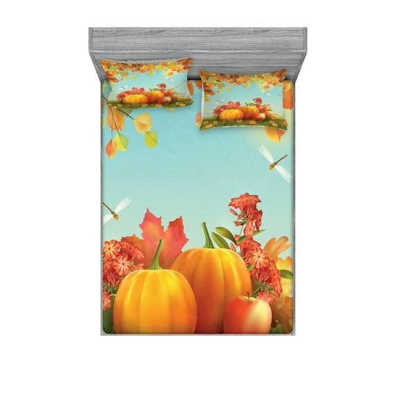Harvest Fitted Sheet & Pillow Sham Set, Fall Season Yield Thanksgiving Image Fallen Leaves Branches Pumpkins, Decorative 6 Piece Bedding Decor Set, Calking, Orange Vermilion Green, by Ambesonne