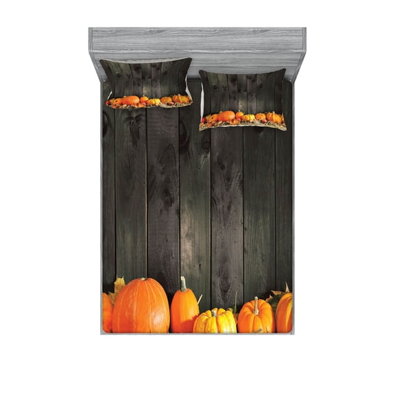 Harvest Fitted Sheet & Pillow Sham Set, Thanksgiving Themed Pumpkins Many Shapes Sizes in Hay Wooden Board Background, Decorative Printed 6 Piece Bedding Decor Set, Full, Brown Orange, by Ambesonne