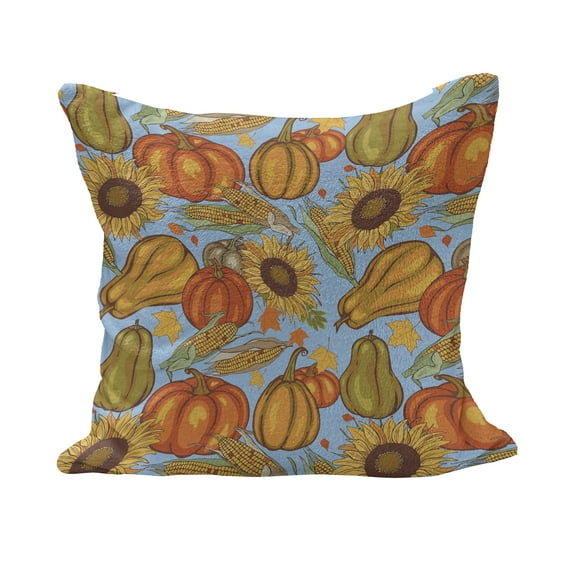 Harvest Fluffy Throw Pillow Cushion Cover, Agriculture Theme Vegetable Pattern Corns Pumpkins and Sunflowers, Decorative Square Accent Pillow Case, 26" x 26", Orange Yellow Pale Blue, by Ambesonne