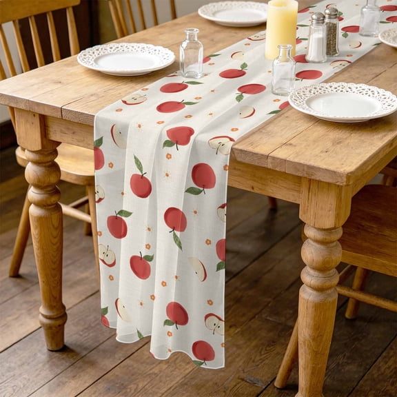 Harvest Fruit 4.5ft Cheesecloth Table Runner for Wedding 19"x55", Minimalist Red Apples Linen Textured Kitchen Dinner Sheer Tulle Chiffon Dresser Scarf, Holiday Party Decorations
