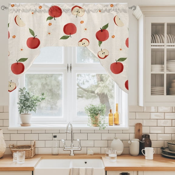 Harvest Fruit Swag Valance for Windows, Minimalist Red Apples Linen Textured Swag Curtains Valances for Small Window Treatment Rod Pocket for Kitchen Bathroom 1 Panel 56x36in