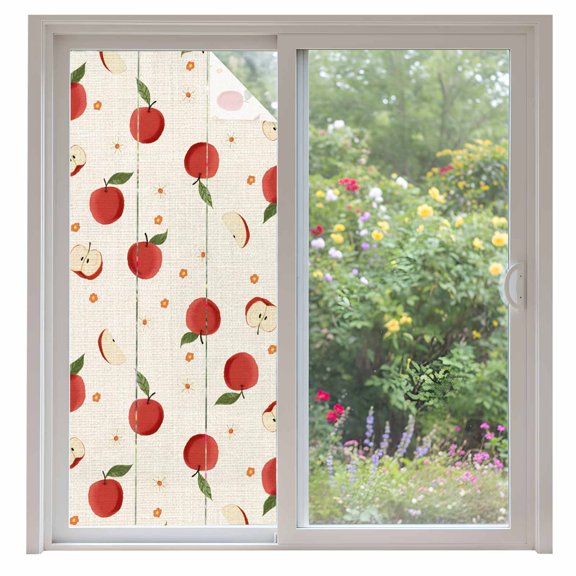 Harvest Fruit Window Privacy Film Minimalist Red Apples Linen Textured Decorative Glass Window Film UV Blocking Static Cling Non-Adhesive Sticker Covering for Home Door 35.4x78.7 inches