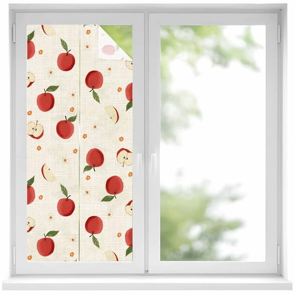 Harvest Fruit Window Privacy Film Minimalist Red Apples Linen Textured Decorative Glass Window Film UV Blocking Static Cling Non-Adhesive Sticker Covering for Home Door 17.7 x 39.3 inches